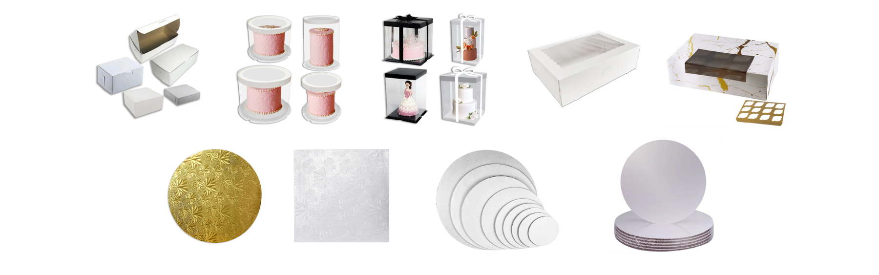 Cake boxes and bakery packaging supplies including cake boards, cake drums, and cupcake containers