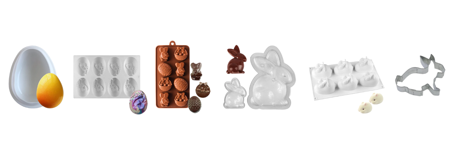 Easter baking supplies including egg molds, bunny cutters, chocolate molds, and cake decorating tools from NY Cake.