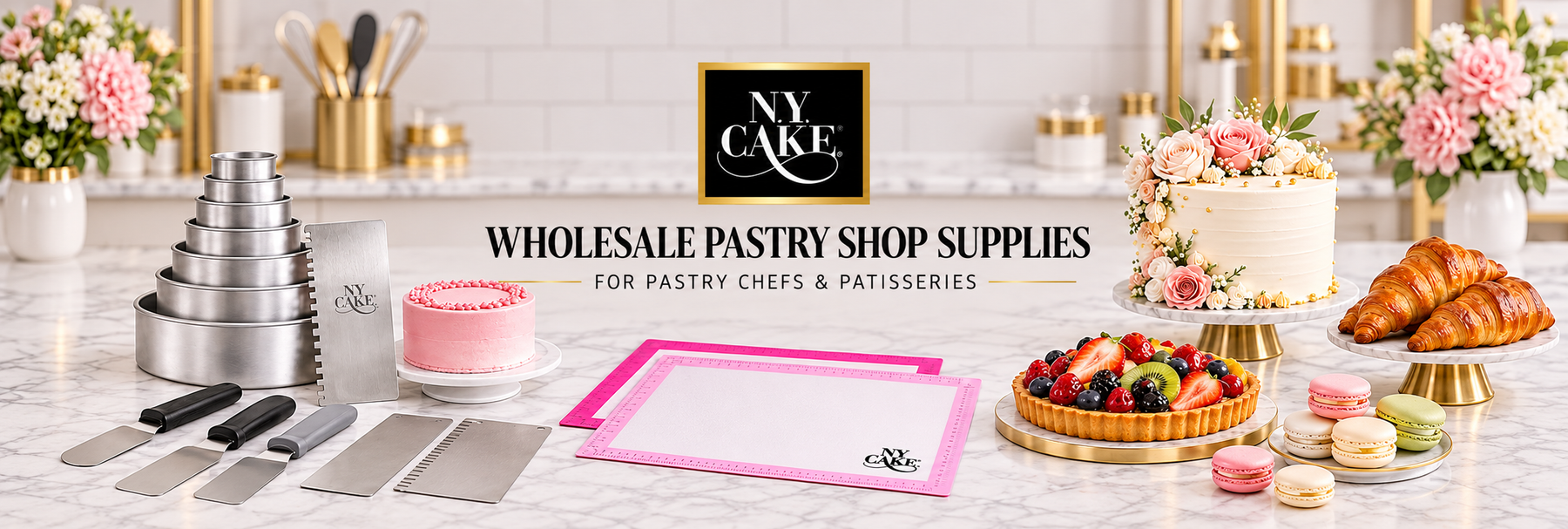 NY Cake wholesale pastry shop supplies with cake pans, silicone baking mats, decorating tools, tart, croissants, macarons and cakes.