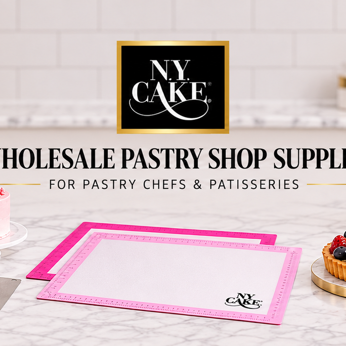 NY Cake wholesale pastry shop supplies with cake pans, silicone baking mats, decorating tools, tart, croissants, macarons and cakes.