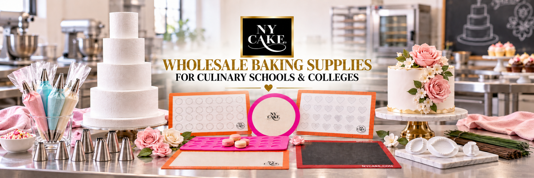 NY Cake wholesale baking supplies for culinary schools with cake dummies, silicone mats, piping tips and flower tools.