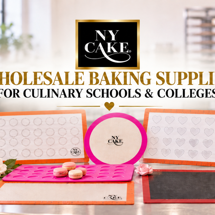 NY Cake wholesale baking supplies for culinary schools with cake dummies, silicone mats, piping tips and flower tools.