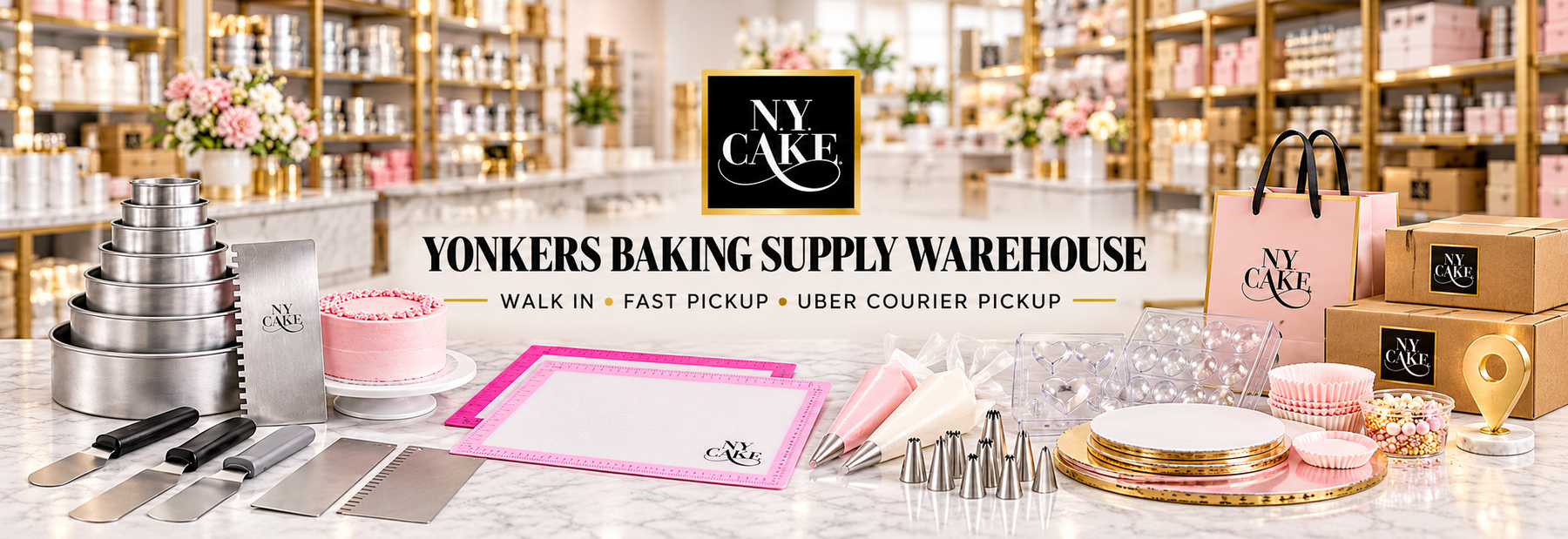 NY Cake Yonkers baking supply warehouse offering walk-in shopping, fast online order pickup and Uber courier pickup.