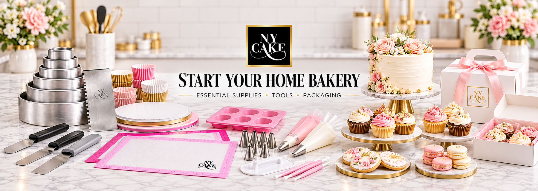NY Cake home bakery supplies featuring cake pans, piping tools, silicone mats, cake boards, packaging, decorated cake, cupcakes and cookies.