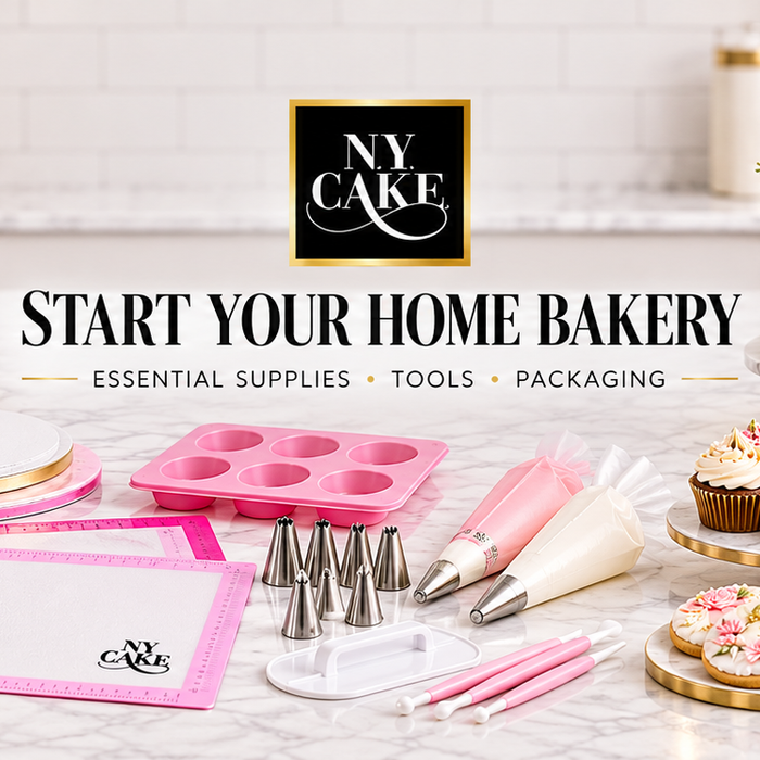 NY Cake home bakery supplies featuring cake pans, piping tools, silicone mats, cake boards, packaging, decorated cake, cupcakes and cookies.