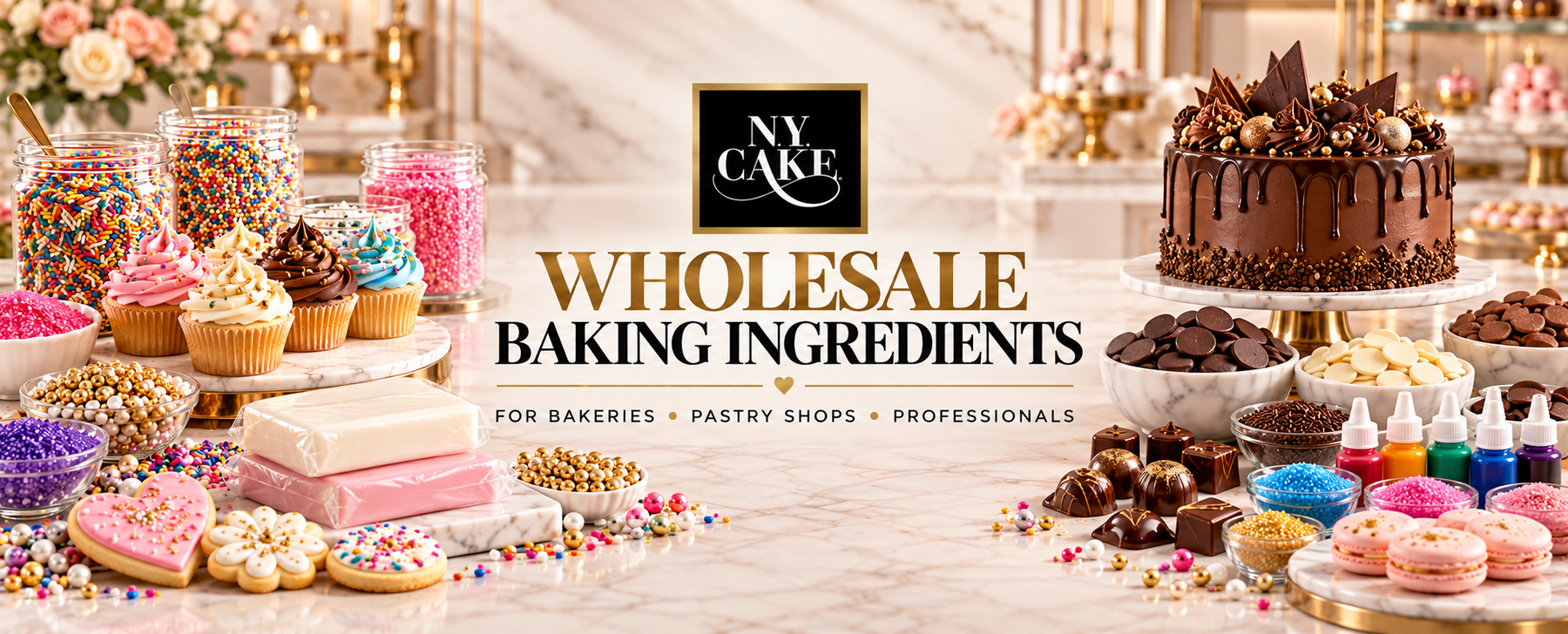 NY Cake wholesale baking ingredients featuring chocolate, fondant, food colors, sugars, sprinkles, decorated cupcakes, cookies, chocolates and cake.