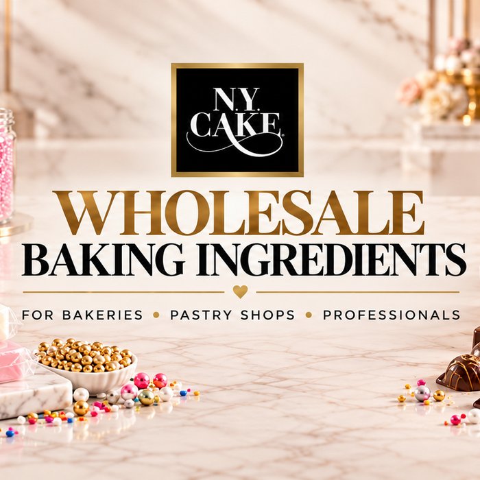 NY Cake wholesale baking ingredients featuring chocolate, fondant, food colors, sugars, sprinkles, decorated cupcakes, cookies, chocolates and cake.
