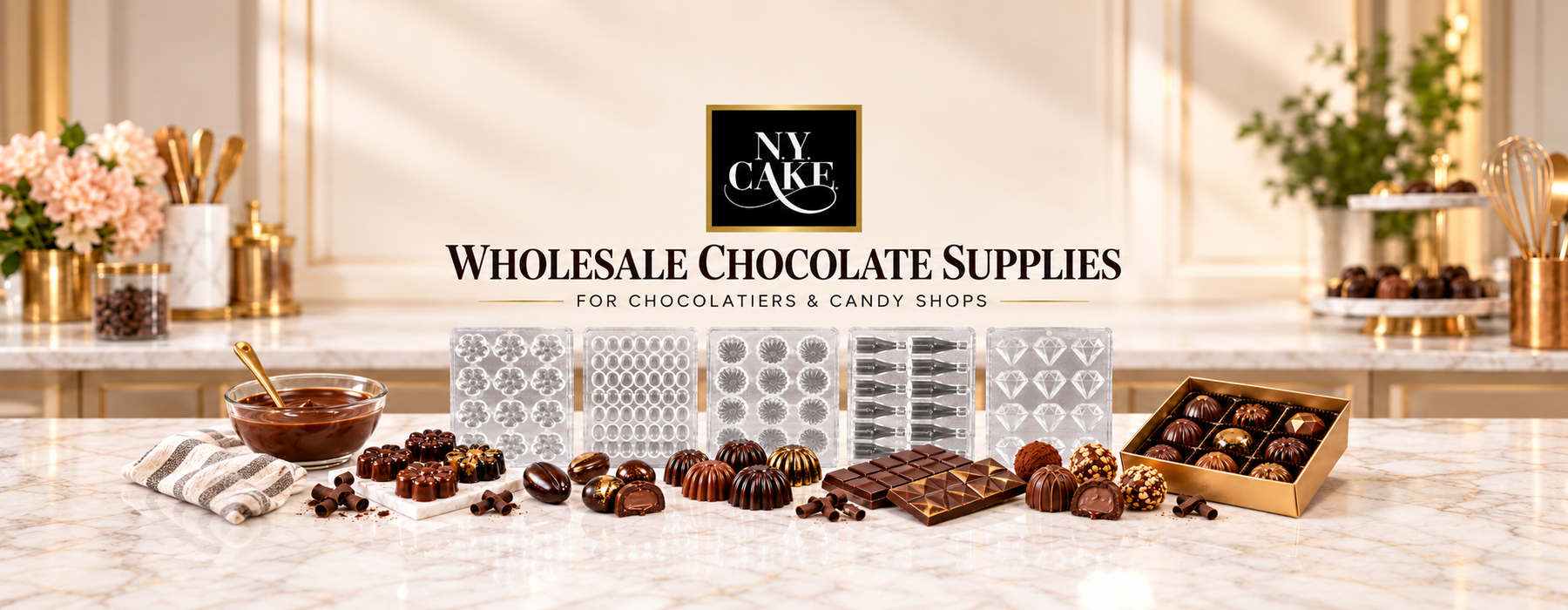 NY Cake wholesale chocolate supplies with polycarbonate molds, bonbons, bars and truffles for chocolatiers and candy shops.