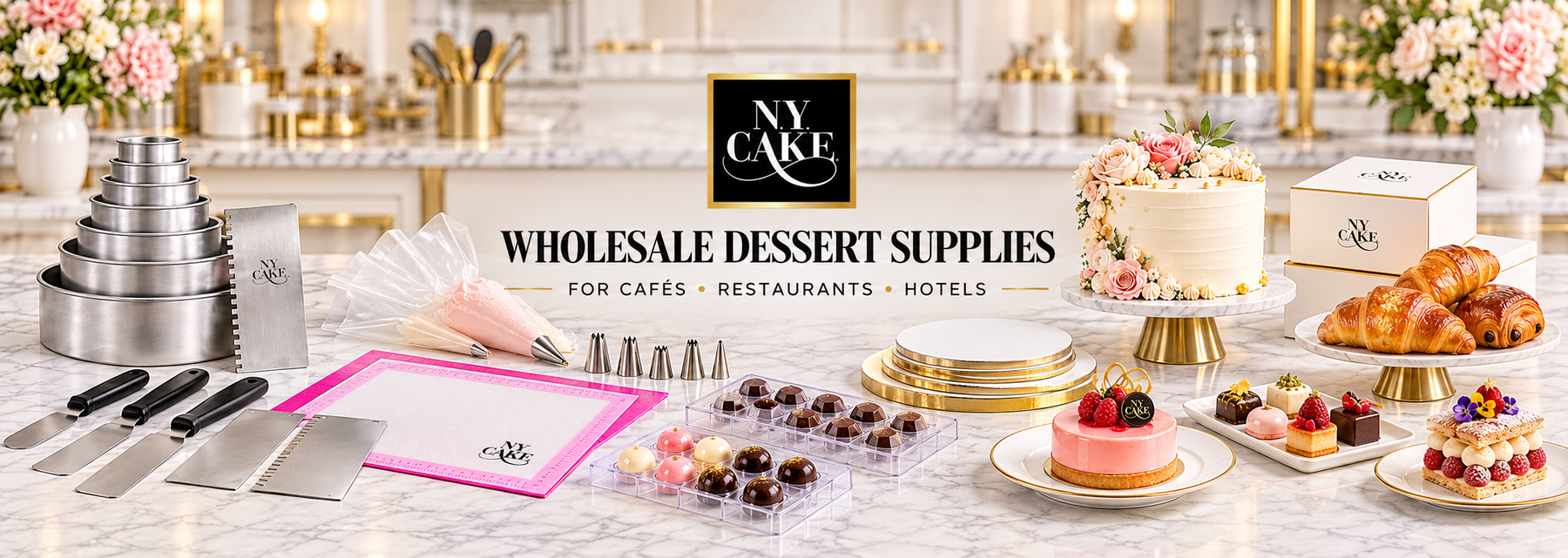 NY Cake wholesale dessert supplies for cafés, restaurants and hotels with cake pans, baking mats, piping tools, chocolate molds and finished pastries.
