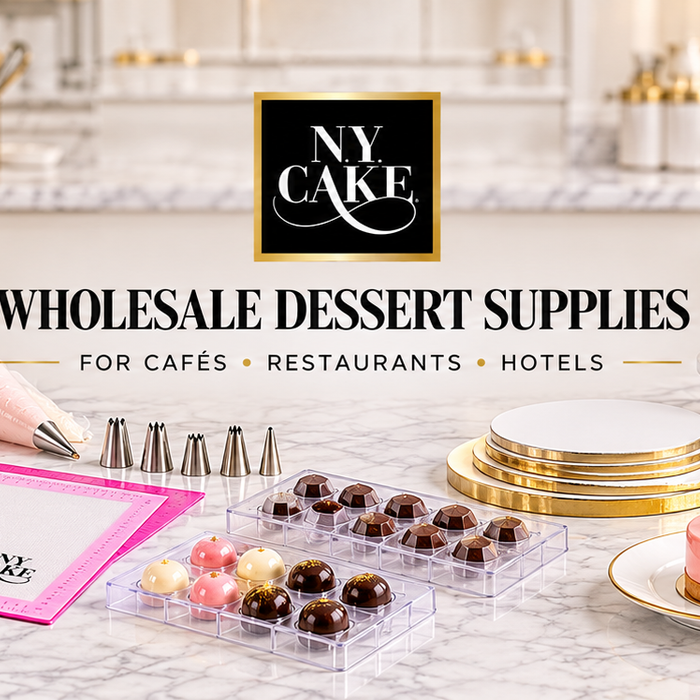 NY Cake wholesale dessert supplies for cafés, restaurants and hotels with cake pans, baking mats, piping tools, chocolate molds and finished pastries.