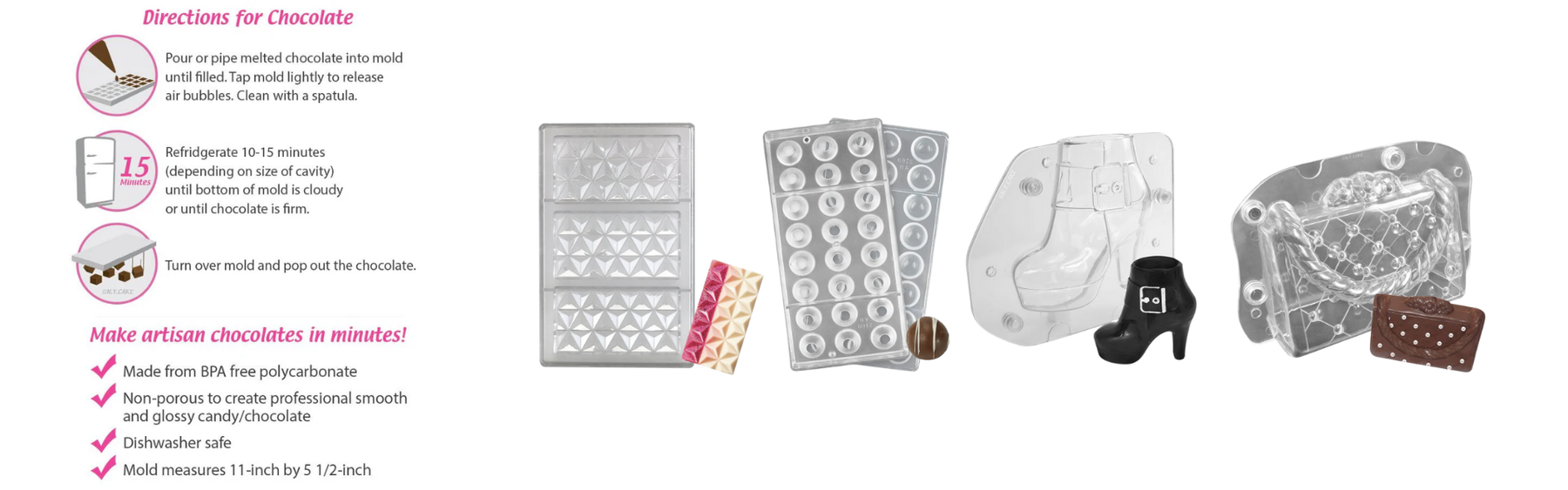 Polycarbonate chocolate mold with finished shiny bonbons