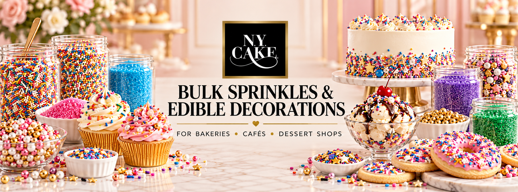 NY Cake bulk sprinkles and edible decorations with jimmies, nonpareils, sugars, pearls, decorated cake, cupcakes, cookies, donuts and ice cream.