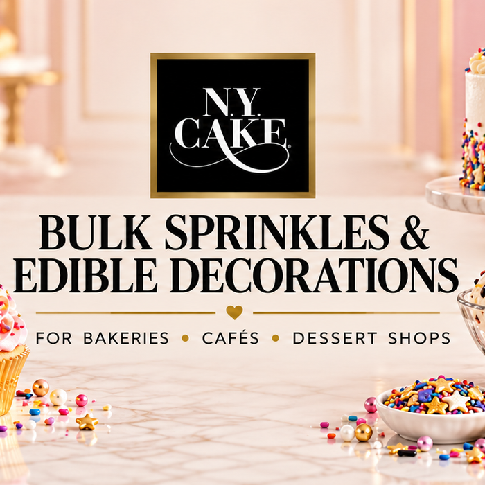 NY Cake bulk sprinkles and edible decorations with jimmies, nonpareils, sugars, pearls, decorated cake, cupcakes, cookies, donuts and ice cream.