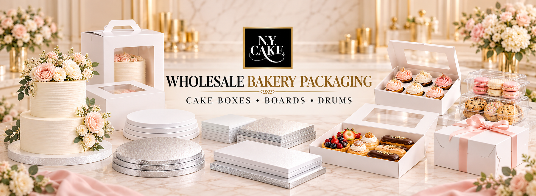NY Cake wholesale bakery packaging featuring cake boxes, cake boards, cake drums, cupcake boxes, pastry containers, decorated cakes and desserts.