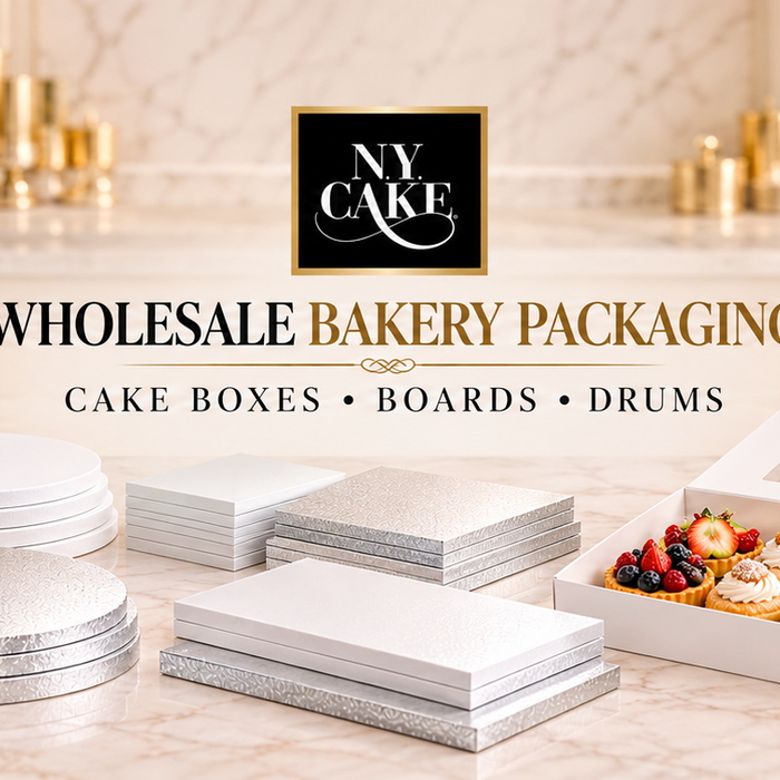 NY Cake wholesale bakery packaging featuring cake boxes, cake boards, cake drums, cupcake boxes, pastry containers, decorated cakes and desserts.