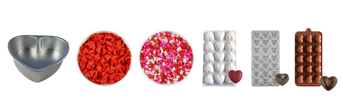 Valentine’s Day baking supplies including sprinkles, chocolate molds, piping tips, and decorating tools from NY Cake.