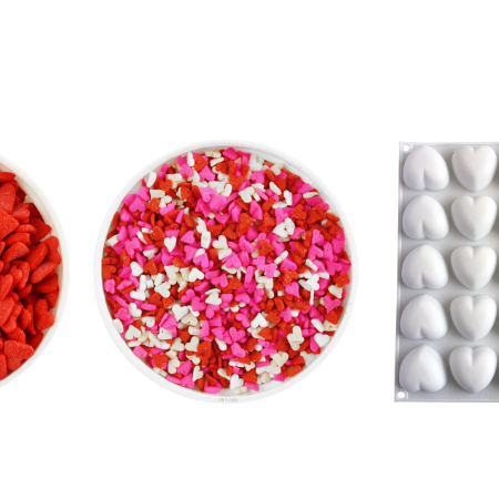 Valentine’s Day baking supplies including sprinkles, chocolate molds, piping tips, and decorating tools from NY Cake.