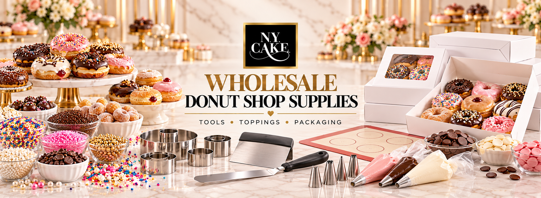 NY Cake wholesale donut shop supplies featuring donut cutters, piping tools, chocolate, sprinkles, toppings, bakery boxes and assorted finished donuts.