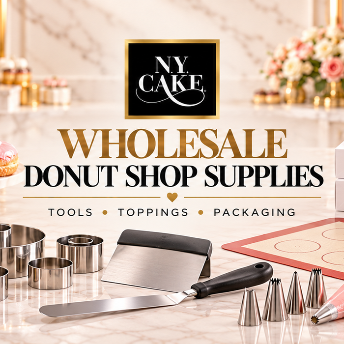 NY Cake wholesale donut shop supplies featuring donut cutters, piping tools, chocolate, sprinkles, toppings, bakery boxes and assorted finished donuts.