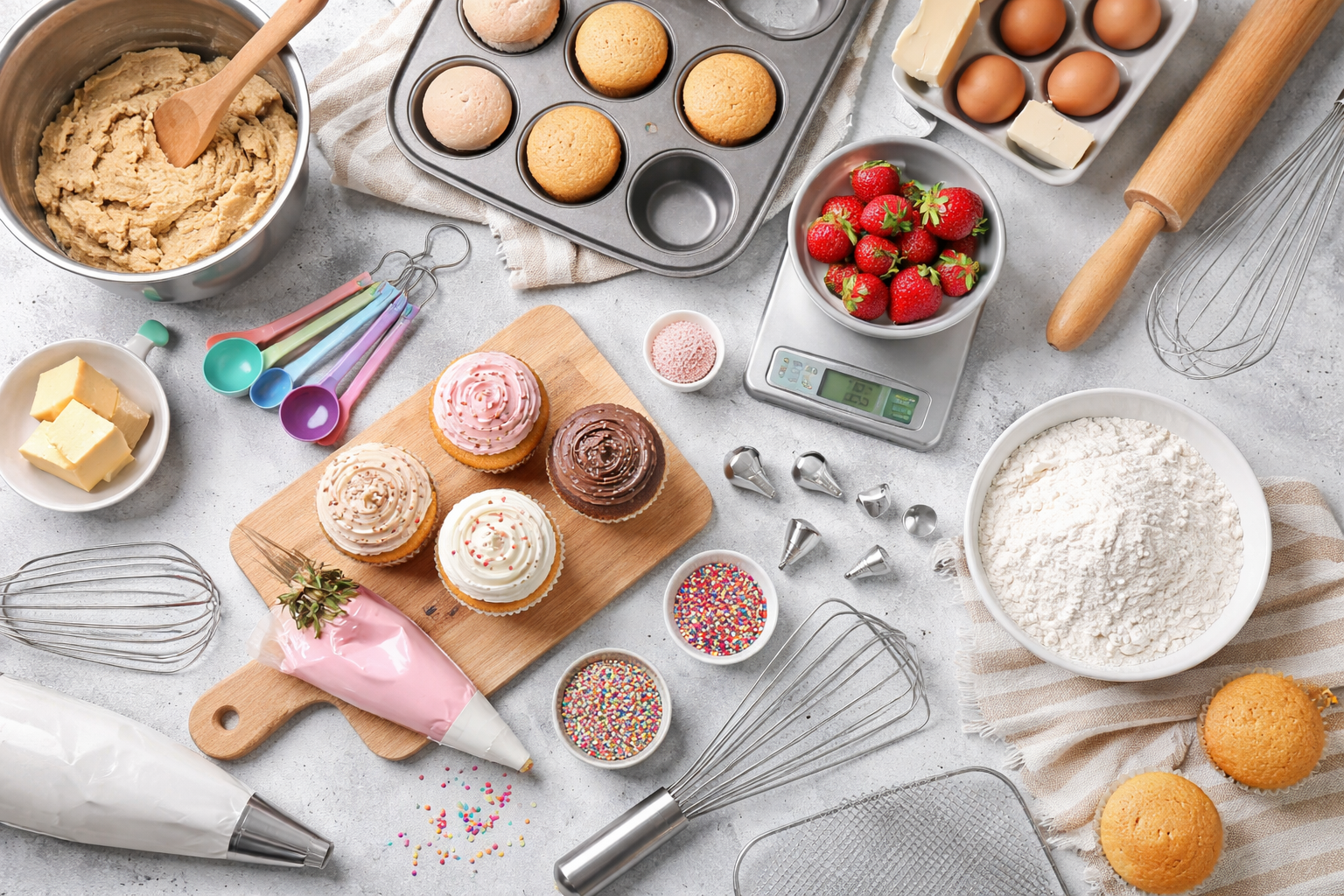 Essential baking supplies including mixing bowls, measuring cups, baking pans, silicone molds, cake decorating tools and cake boxes from NY Cake®