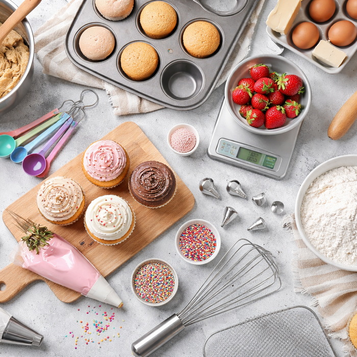 Essential baking supplies including mixing bowls, measuring cups, baking pans, silicone molds, cake decorating tools and cake boxes from NY Cake®