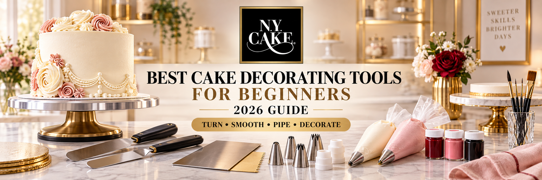 Best cake decorating tools for beginners including a turntable, piping bags, tips, spatulas, scrapers, food coloring, and cake boards.