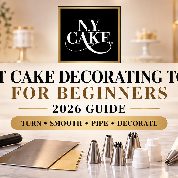 Best cake decorating tools for beginners including a turntable, piping bags, tips, spatulas, scrapers, food coloring, and cake boards.