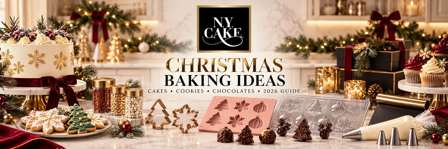 NY Cake Christmas baking ideas featuring festive cakes, cookies, cupcakes, chocolate molds, cookie cutters, sprinkles, piping tools, and decorating supplies.