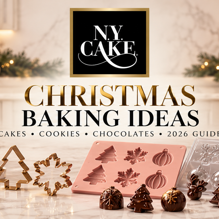 NY Cake Christmas baking ideas featuring festive cakes, cookies, cupcakes, chocolate molds, cookie cutters, sprinkles, piping tools, and decorating supplies.