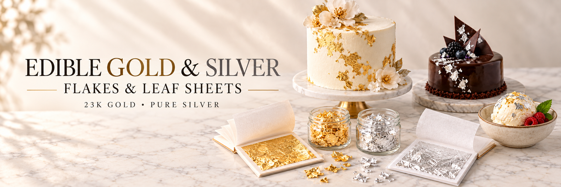 Edible gold and silver flakes and leaf sheets decorating cakes, chocolate cake and ice cream