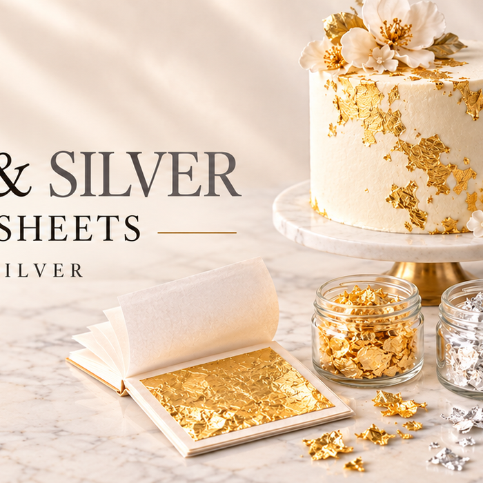 Edible gold and silver flakes and leaf sheets decorating cakes, chocolate cake and ice cream