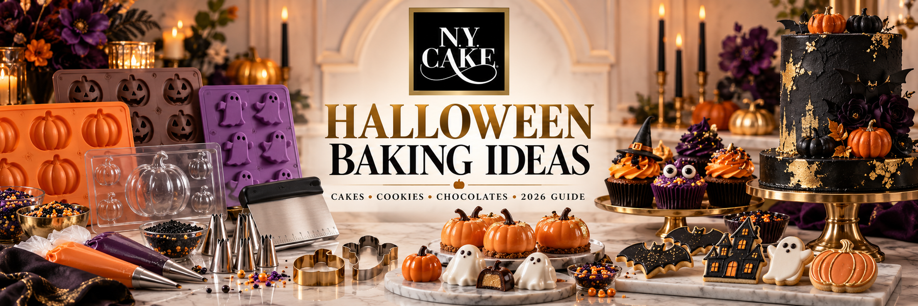 NY Cake Halloween baking ideas featuring pumpkin and ghost molds, cookie cutters, piping tools, sprinkles, cupcakes, chocolates, cookies, and decorated cakes.