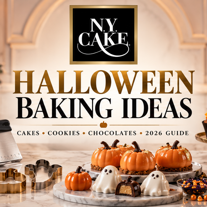 NY Cake Halloween baking ideas featuring pumpkin and ghost molds, cookie cutters, piping tools, sprinkles, cupcakes, chocolates, cookies, and decorated cakes.