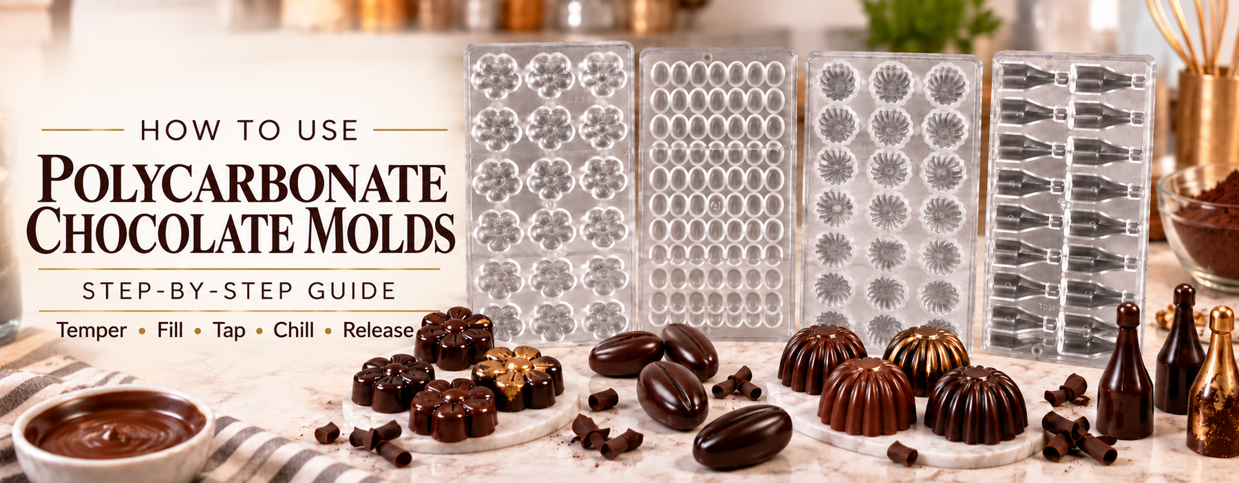 Polycarbonate chocolate molds with finished chocolates and steps to temper, fill, tap, chill and release