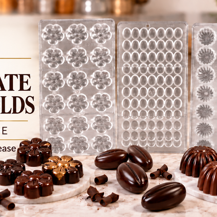 Polycarbonate chocolate molds with finished chocolates and steps to temper, fill, tap, chill and release