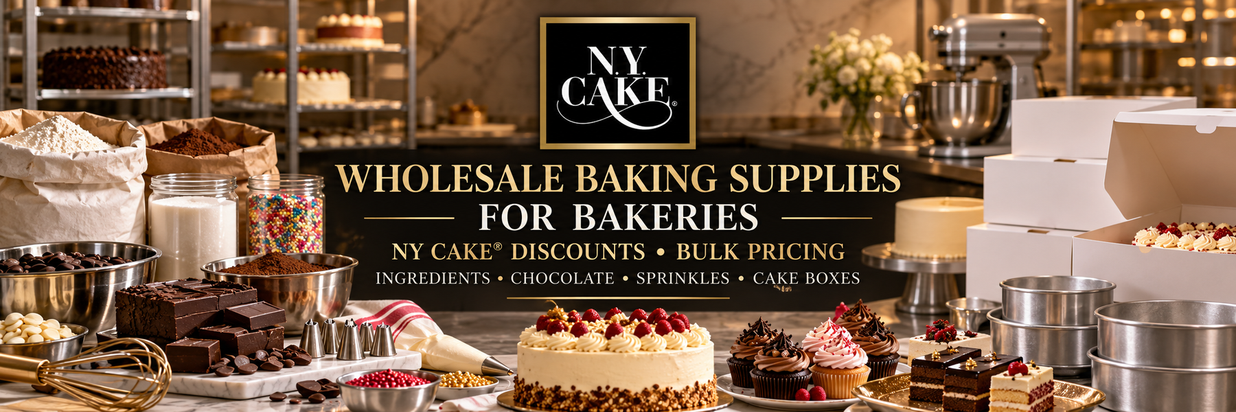 NY Cake wholesale baking supplies for bakeries featuring ingredients, chocolate, sprinkles, cake boxes, and professional baking tools.
