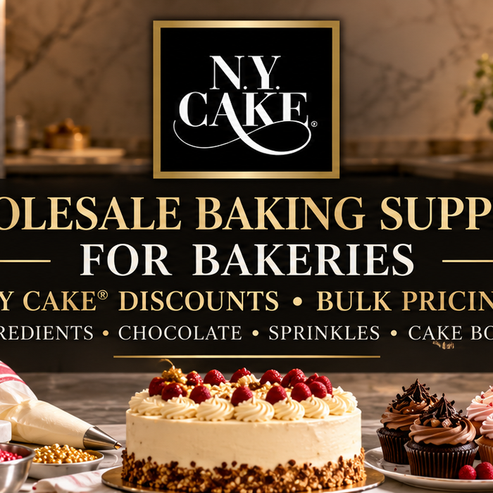 NY Cake wholesale baking supplies for bakeries featuring ingredients, chocolate, sprinkles, cake boxes, and professional baking tools.
