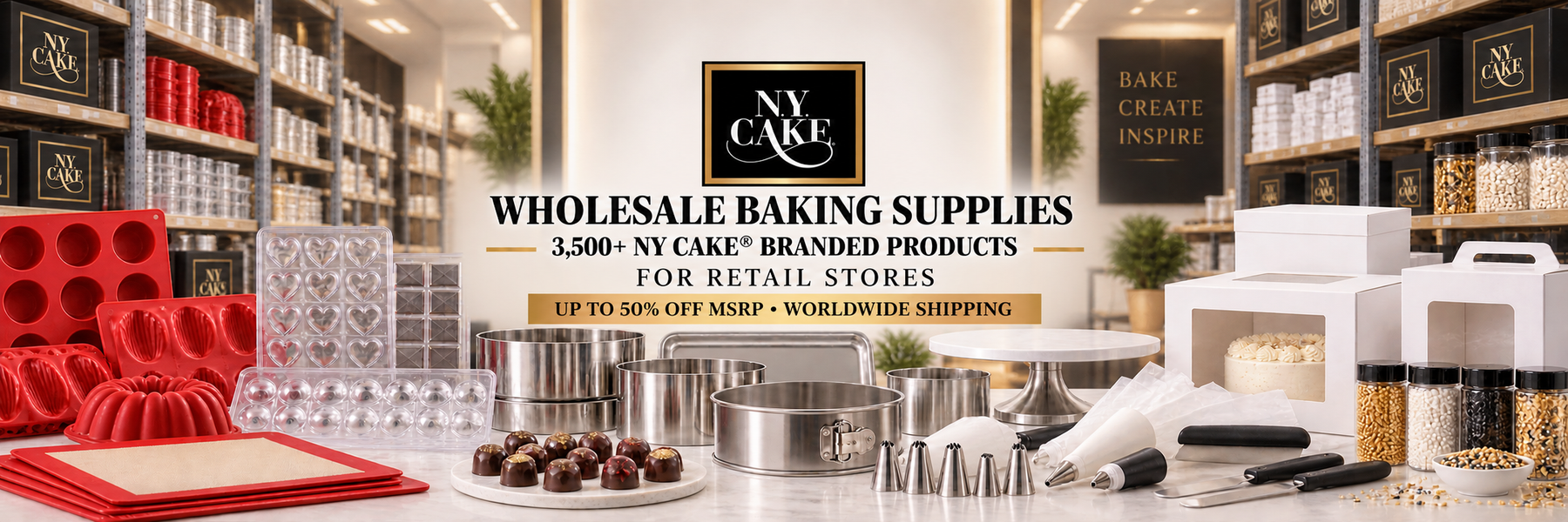 NY Cake wholesale baking supplies for retail stores featuring 3,500+ branded molds, cake pans, decorating tools and packaging.