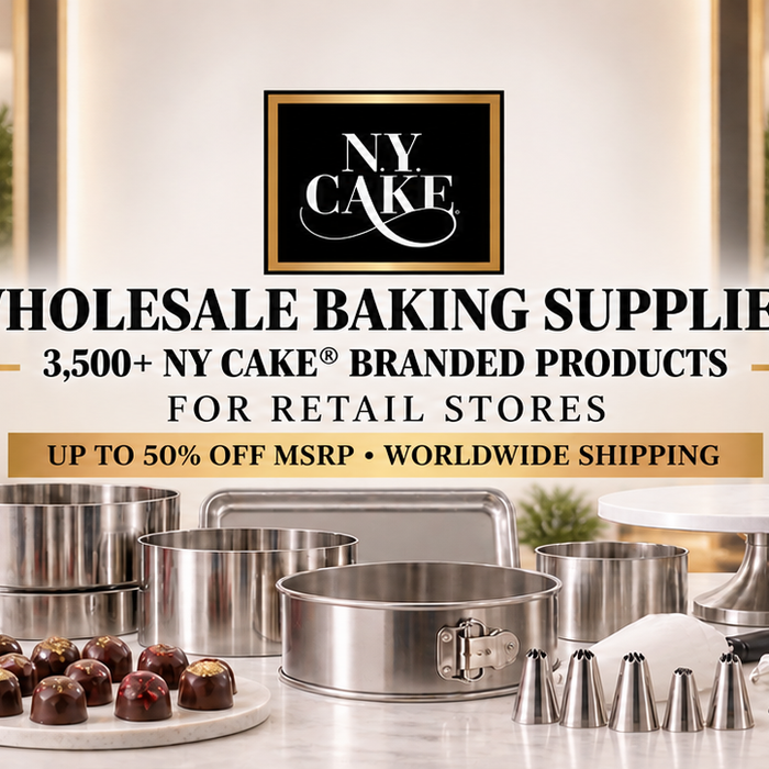 NY Cake wholesale baking supplies for retail stores featuring 3,500+ branded molds, cake pans, decorating tools and packaging.