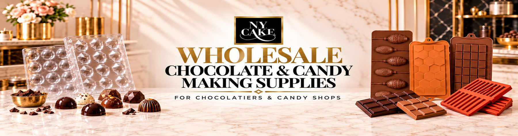 NY Cake wholesale chocolate and candy-making supplies with polycarbonate and silicone molds for chocolatiers and candy shops.