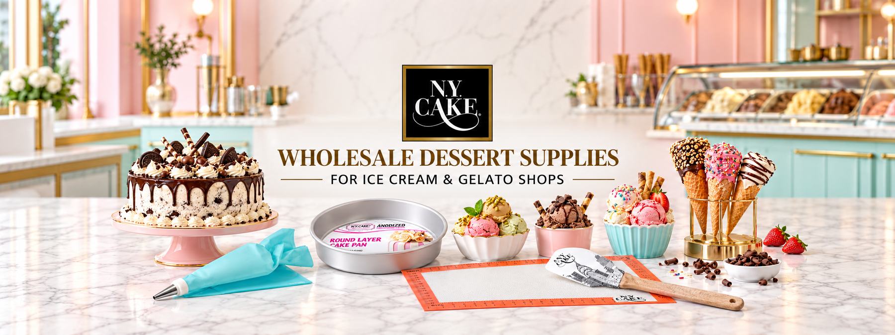 NY Cake wholesale dessert supplies, professional tools and finished ice cream treats for ice cream and gelato shops.