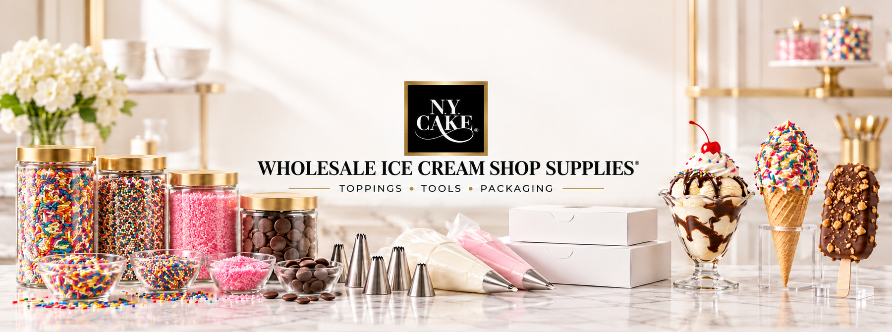 NY Cake wholesale ice cream shop supplies featuring sprinkles, chocolate, piping tools, bakery packaging, a sundae, ice cream cone and frozen treat.