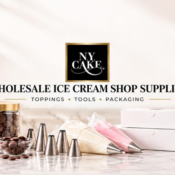 NY Cake wholesale ice cream shop supplies featuring sprinkles, chocolate, piping tools, bakery packaging, a sundae, ice cream cone and frozen treat.