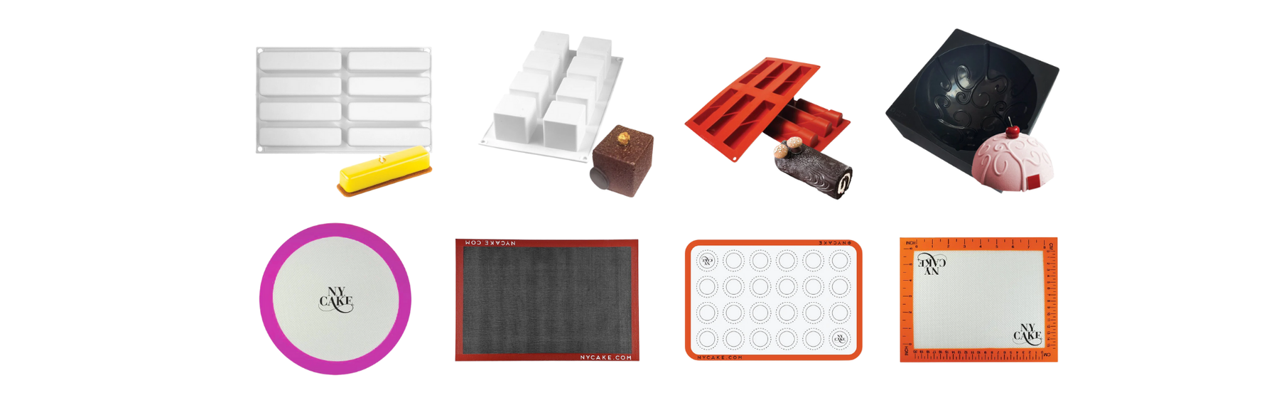 Silicone baking molds and silicone baking mats for cakes, cookies, chocolates, and pastries