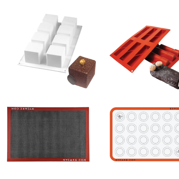 Silicone baking molds and silicone baking mats for cakes, cookies, chocolates, and pastries
