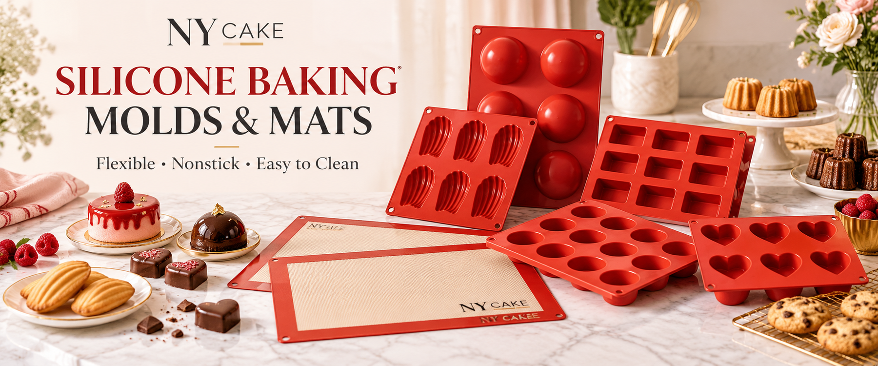 NY Cake silicone baking molds and mats with cakes, chocolates, cookies and pastries