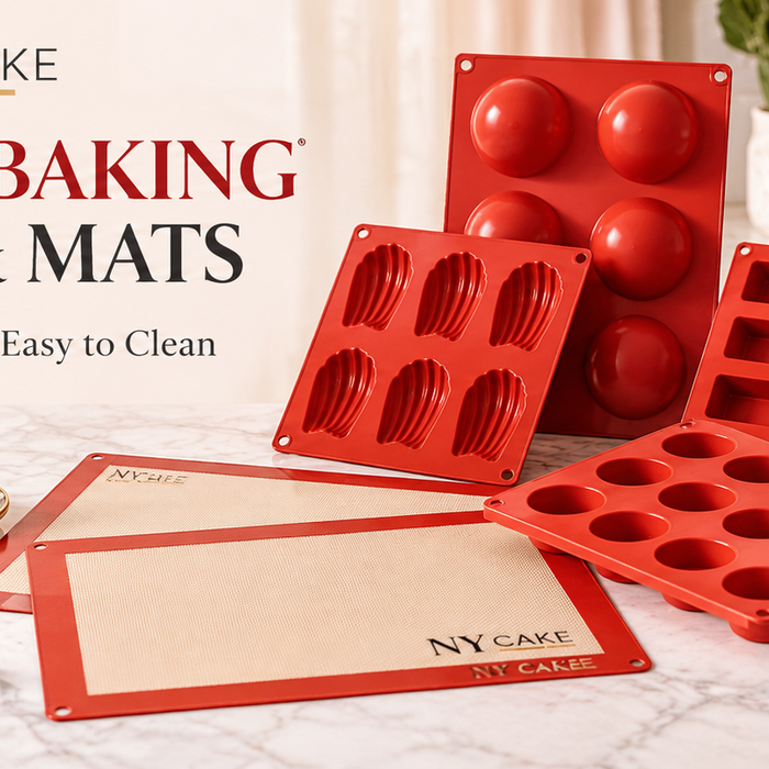 NY Cake silicone baking molds and mats with cakes, chocolates, cookies and pastries