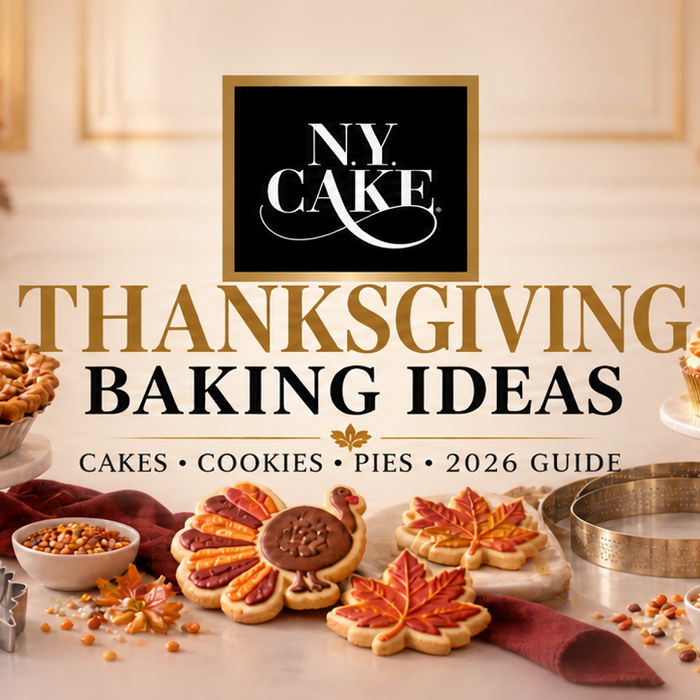 NY Cake Thanksgiving baking ideas featuring pumpkin molds, fall cookie cutters, pie tools, piping supplies, cupcakes, chocolates, cookies, pies, and decorated cakes.