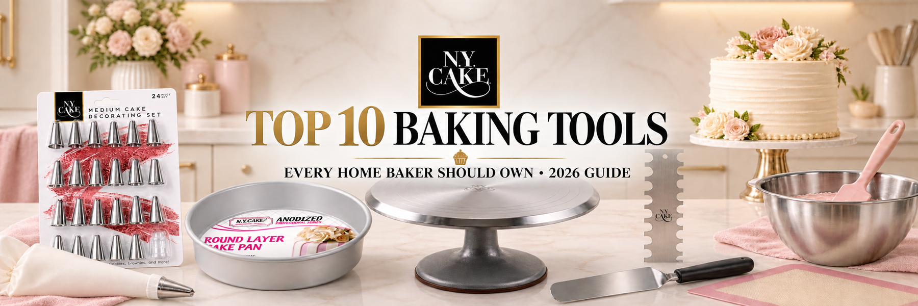 NY Cake top 10 baking tools featuring piping tips, anodized cake pan, turntable, cake scraper, piping bag, spatula, mixing bowl, and baking mat.