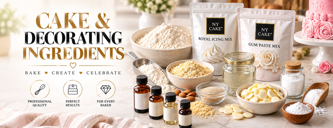 NY Cake cake and decorating ingredients featuring royal icing mix, gum paste mix, baking powders, flavorings, white chocolate, and decorating essentials.